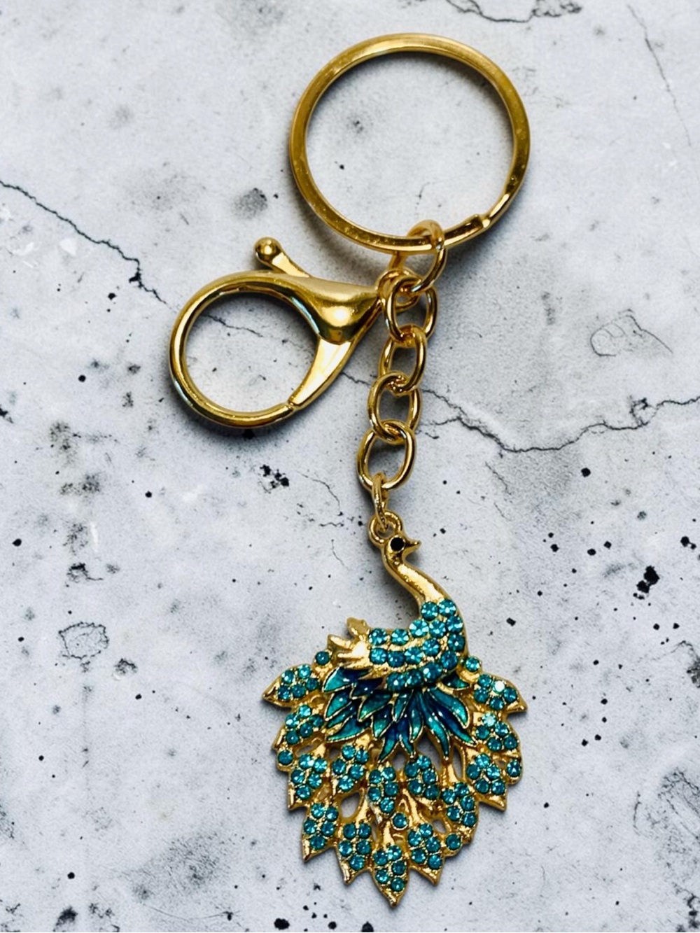 Mint Gold-tone Aqua Peacock Keychain with aqua Iridescent Crystals. NWT - Picture 3 of 3